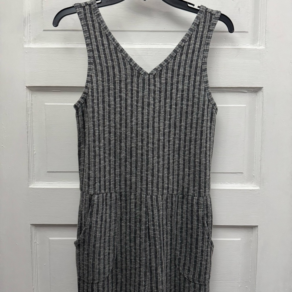 Art Class Gray Stripe Rib Knit Cropped Jumpsuit Girls XL 14 16 Pockets - Picture 3 of 10